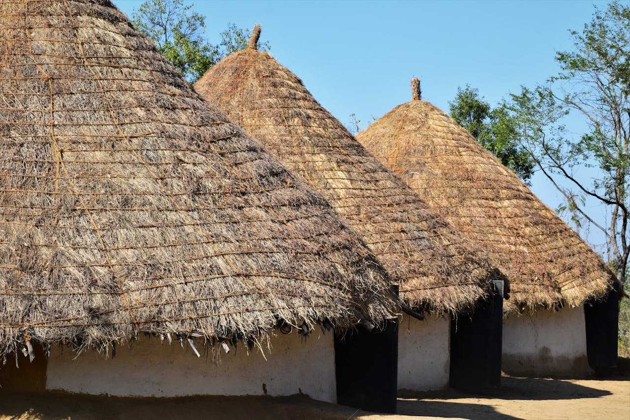Rustic nipa huts with thatched roofs under a clear blue sky, showcasing indigenous architecture.
